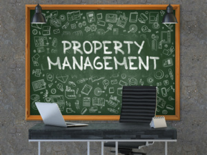 Property Management Concept. Doodle Icons on Chalkboard.